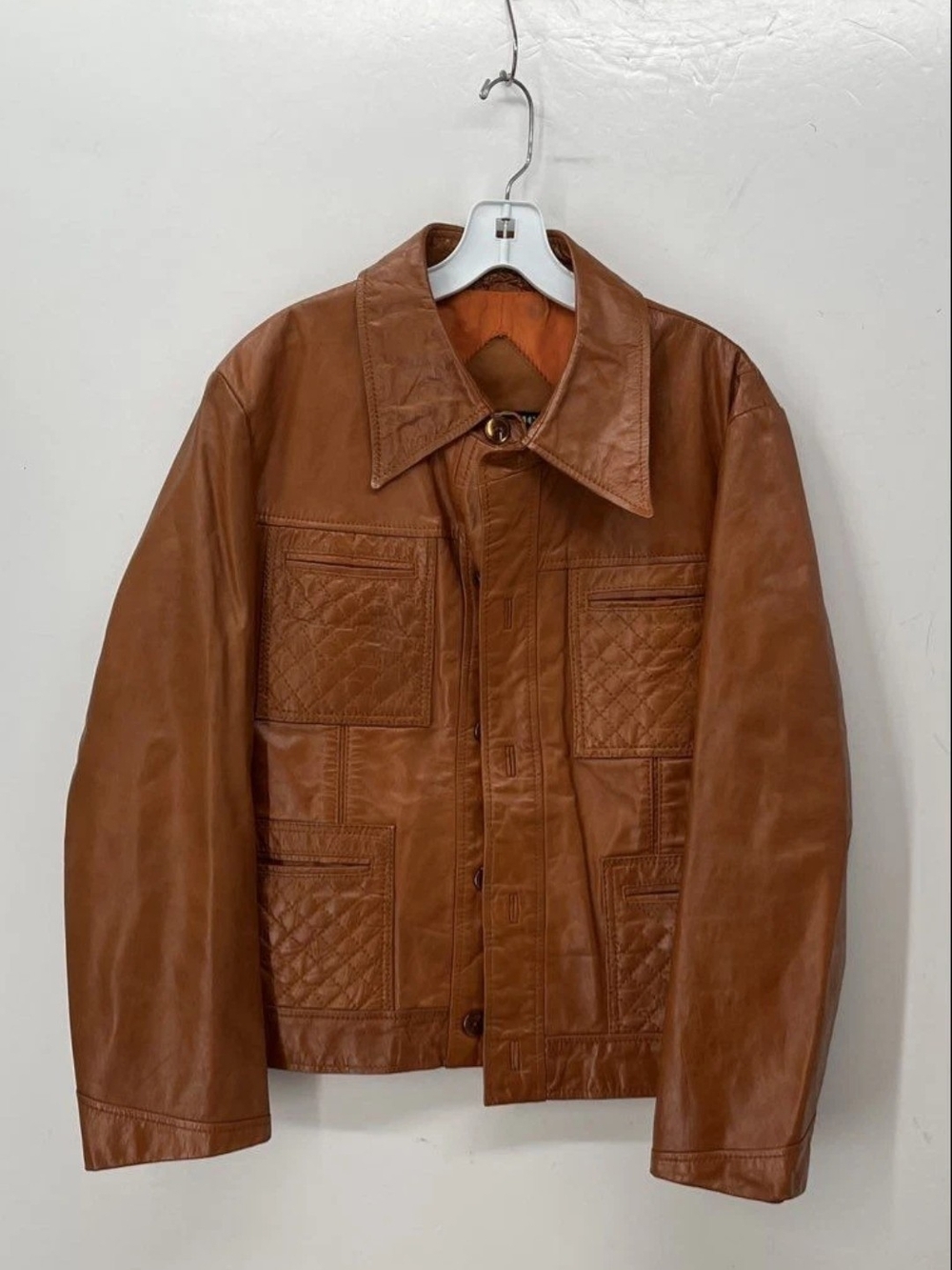 VTG 70s Fantastic International Quilted Leather Jacket Cognac Brown Size 40